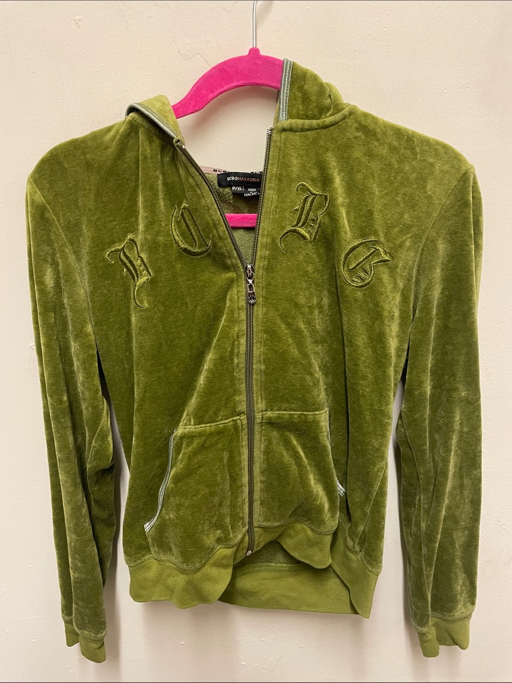 Olive Green Velour Zip-Up Hoodie Jacket | Size: XL